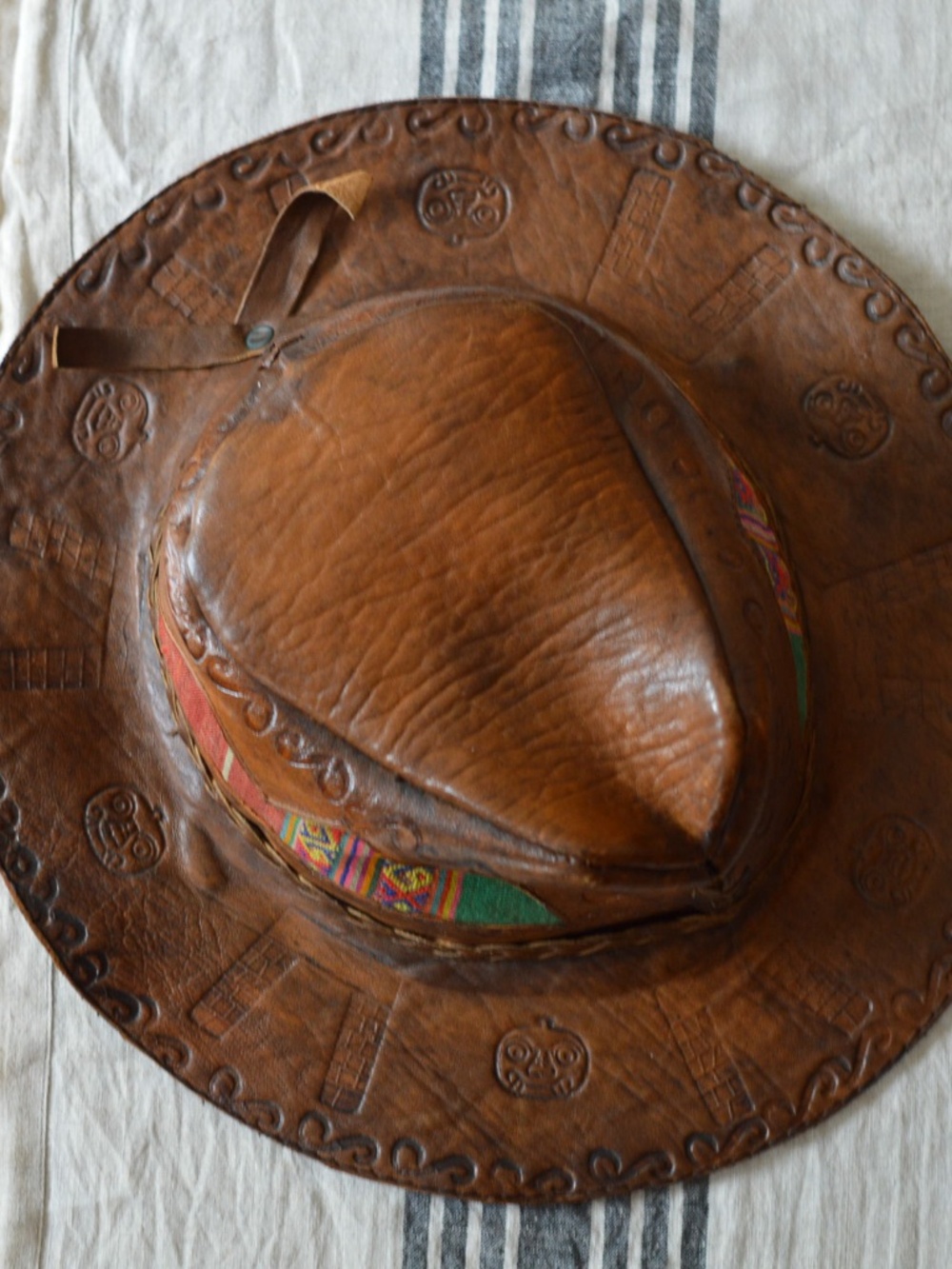 Handmade Tooled Leather Outback Hat Inlaid Woven Textile Fedora